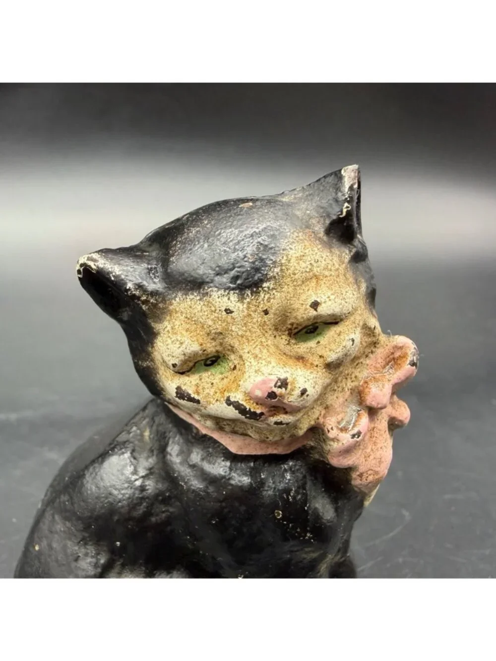 Hubley Cast Iron Cat Figurine Paperweight Vintage Decor Black White Pink Bow